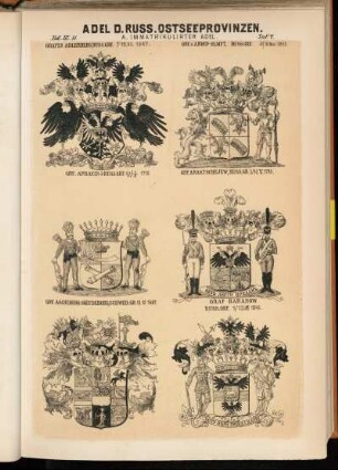 Taf. 7. Grafen Adlerberg, Russ. Grf. 1/13.VII.1847. - Grf. v. Anrep-Elmpt, Russ. Grf. 6/18 Mai 1853. - Grf. Apraxin † Russ. Grf. 24/2|7/8.1710. - Grf. Araktschejew, Russ. Gr. 5/16.V.1799. - Grf. Ascheberg-Soefdeborg, Schwed. Gr. 10.12.1687. - Graf Baranow Russ. Grf. 1/13.VII.1846