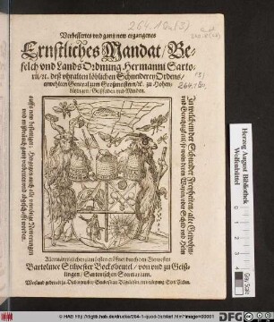 Verbessertes und gantz new ergangenes Ernstliches Mandat/ Befelch und LandsOrdnung Hermanni Sartorii/ [et]c. deß uhralten löblichen SchneidereyOrdens/ erwehlten General zum Großmeistern ... ; Weyland gedruckt zu Diebingen/ bey Seubastian Bögeleisen/ in verlegung Sixti Zicken