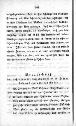 Verzeichniß der außerordentlichen Wohlthäter der Lehranstalt und ihrer milden Gaben