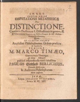 1: Continens Doctrinam I. Distinctionis in genere, II. Evolutionem Signorum Distinctionis & III. Distinctionis Divisionem
