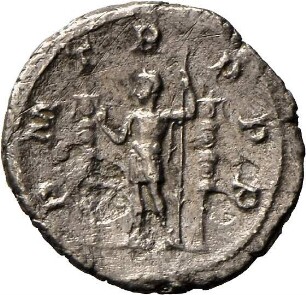 Denar des Maximinus Thrax mit Feldzeichen