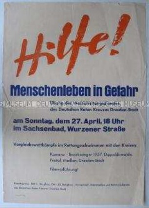Maueranschlag zur Ankündigung eines Schwimmwettkampfes