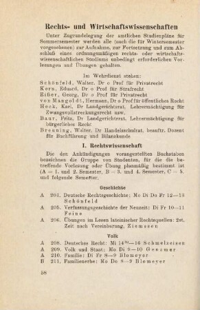 58-67, Rechts- und Wirtschaftswissenschaften - Lehrgebiete der philosophischen Fakultät