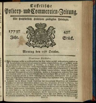 43tes Stueck, Montag den 25ten October 1773
