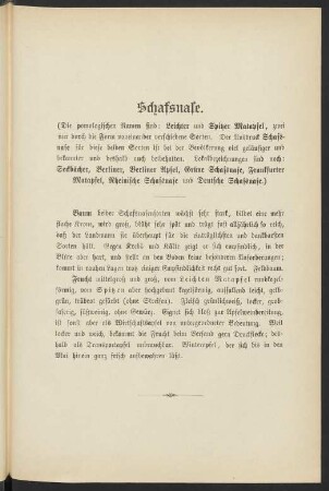 Schafsnase. (Die pomologischen Namen sind: Leichter und Spitzer Matapfel, zwei nur durch die Form voneinander verschiedene Sorten. Der Ausdruck Schafsnase für diese beiden Sorten ist bei der Bevölkerung viel geläufiger und bekannter und deshalb auch beibehalten. Lokalbezeichnungen sind noch: Seckbächer, Berliner , Berliner Apfel, Grüne Schafsnase, Frankfurter Matapfel, Rheinische Schafsnase und Deutsche Schafsnase.)