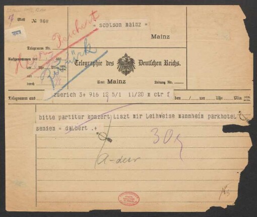 Brief an B. Schott's Söhne : 05.01.1917