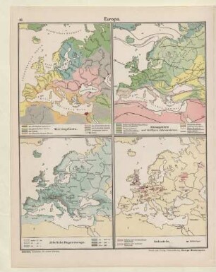 Europa. Meeresgebiete, Klimagebiete und mittlere Jahreswärme, Jährliche Regenmenge, Industrie