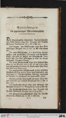 Vorlesungen des gegenwärtigen Winterhalbenjahres