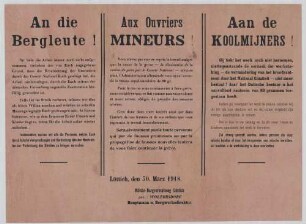 "An die Bergleute! Aux Ouvriers Mineurs! Aan de Koolmijners!"