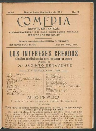 1922001300: Los intereses creados : comedia en dos actos, tres cuadros y un prólogo