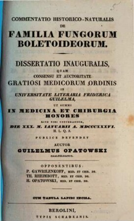 Commentatio historico-naturalis de familia fungorum boletoideorum : dissertatio inauguralis ; cum tabula lapidi incisa