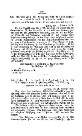 Aufbringung der Remuneration für den Schulunterricht in weiblichen Handarbeiten : [V. Volksschulwesen]