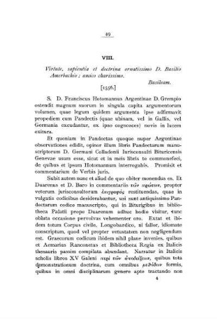 VIII. Virtute, sapientia et doctrina ornatissimo D. Basilio Amerbachio; amico charissimo. Basileam.