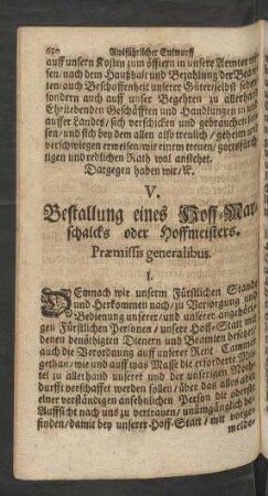 V. Bestallung eines Hoff-Marschalcks oder Hoffmeisters.