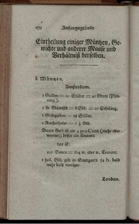 Eintheilung einiger Müntzen, Gewichte und andere Maase und Vernältnisse derselben.