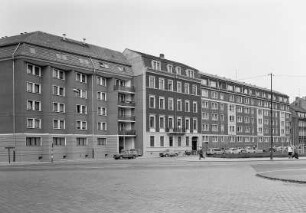 Dresden-Neustadt. Lückenbebauung, Bautzner Strasse 43 / Martin-Luther-Strasse 1-7. Ansicht von SO