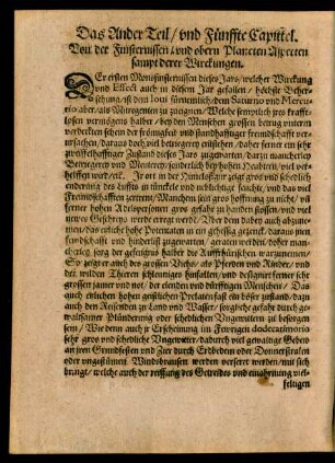 Das Ander Teil/ und Fünffte Capittel. Von der Finsternissen/ und obern Planeten Aspecten sampt derer Wirckungen.