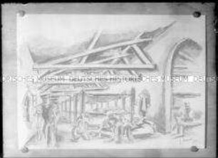 Bild im Bild: Fotografie von einer Lagerzeichnung, die während Richard Fleischhuts Kriegsgefangenschaft im Atlasgebirge angefertigt wurde, signiert mit R. Strauch