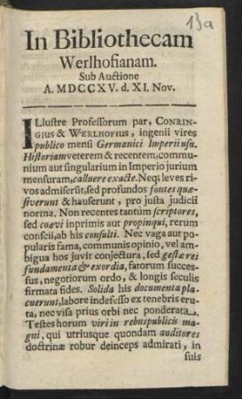 In Bibliothecam Werlhofianam : Sub Auctione A. MDCCXV. d. XI. Nov.