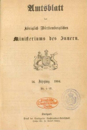 14.1884: Amtsblatt des Württembergischen Ministeriums des Innern