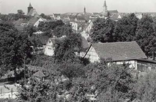 Meseritz, Stadtansicht : Meseritz (Miedzyrzecze/Polen). Stadtansicht mit Katholischer Pfarrkirche und Evangelischer Pfarrkirche