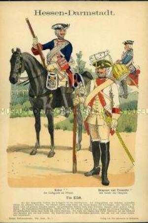 Uniformdarstellung, Reiter der Leib-Garde zu Pferde, Gemeiner und Tambour des Dragoner-Garde-Regiments, Landgrafschaft Hessen-Darmstadt, 1750.