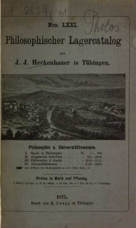 Lagerkatalog der J. J. Heckenhauer'schen Buch- und Antiquariatshandlung. 71. 1875 = Philosophischer Lagerkatalog