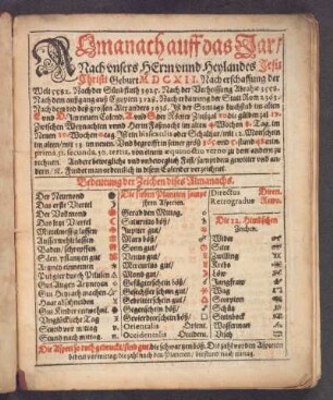 Almanach auff das Jar/ Nach unsers Herrn unnd Heylandes Jesu Christi Geburt MDCXII.