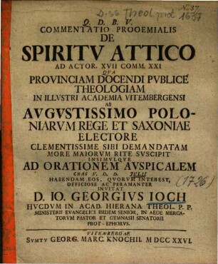 Commentatio Prooemialis De Spiritv [Spiritu] Attico Ad Actor. XVII Comm. XXI