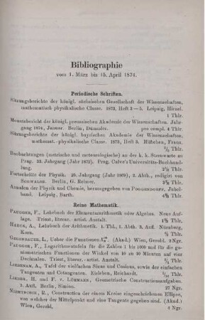 Bibliographie vom 1. März bis 15. April 1874.