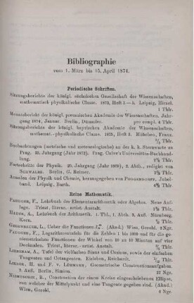 Bibliographie vom 1. März bis 15. April 1874.