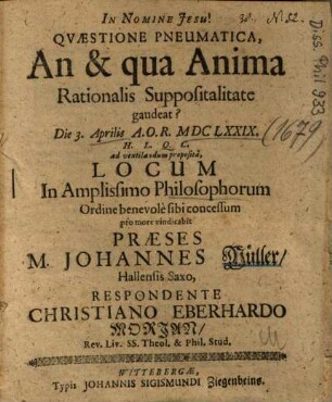 Qvaestione [Quaestione] Pneumatica, An & qua Anima Rationalis Suppositalitate gaudeat?