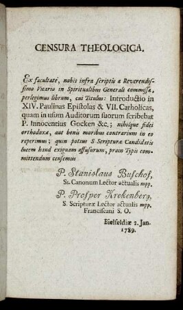 Censura Theologica. - Licentia Ordinarii.