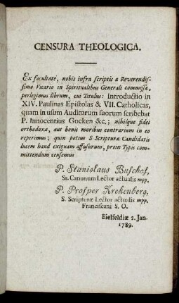 Censura Theologica. - Licentia Ordinarii.