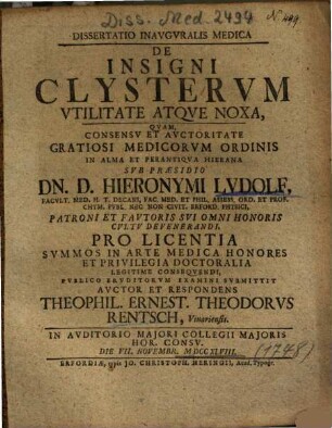 Dissertatio Inavgvralis Medica De Insigni Clystervm Vtilitate Atqve Noxa