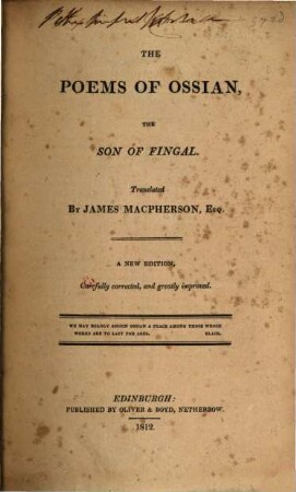 The poems of Ossian, the son of Fingal