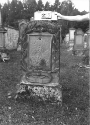 Grabstein 25 (Index: 99609661) Material: Sandstein Zustand: verwittert, Schriftplatte fehlt Maße HxBxT: 141x63x27 cm Beschreibung: Stele, Korbbogenabschluß, eingelassene Schriftplatte rechteckig (fehlt), Sockel Symbolik: zwei Zweige, Gürtel? (Band?): Grabstein 25