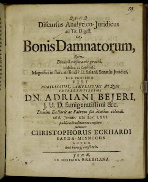 Discursus Analytico-Iuridicus ad Tit. Digest. De Bonis Damnatorum