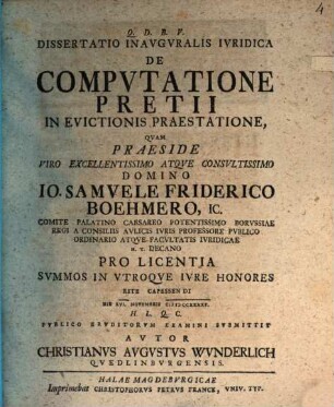 Dissertatio inavgvralis ivridica de compvtatione pretii in evictionis praestatione