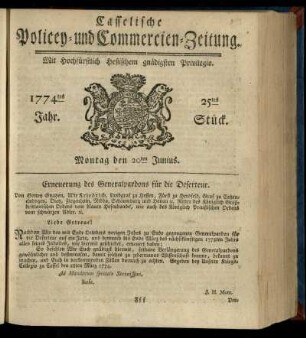25tes Stueck, Montag den 20ten Junius 1774