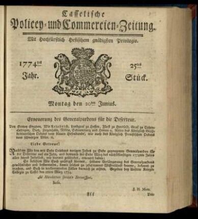 25tes Stueck, Montag den 20ten Junius 1774