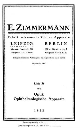 Liste 34: Über Optik, Ophthalmologische Apparate