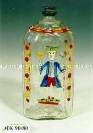 Flasche mit Zinnverschluss, Emailmalerei und Aufschrift "der brante wein ist das leben mein"