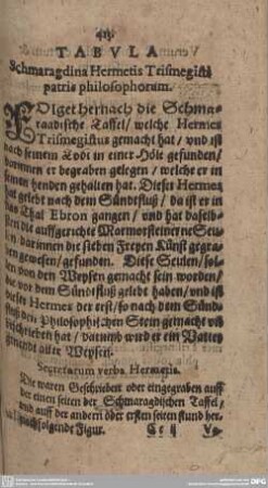 TABULA Schmaragdina Hermetis Trismegisti patris philosophorum.