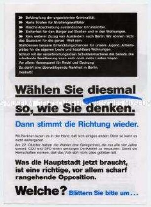 Flugblatt der Republikaner zur Wahl des Berliner Abgeordnetenhauses 1995