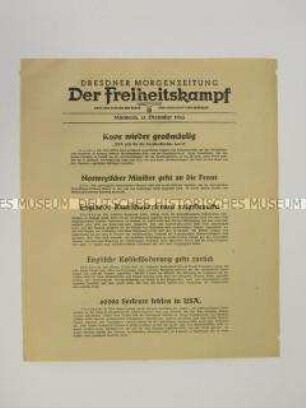 Nachrichtenblatt der sächsischen NSDAP-Zeitung "Der Freiheitskampf" mit Kurzmeldungen von verschiedenen Kriegsschauplätzen u.a. mit einer Stellung zur amerikanischen Pazifikoffensive