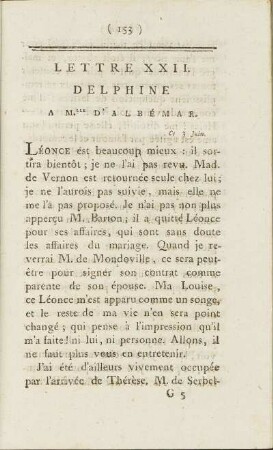 Lettre XXII. Delphine A M.lle D'Albémar. Ce 3. Juin.