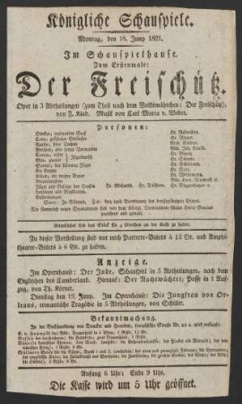 [Theaterzettel] : Montag, den 18. Juny 1821, Im Schauspielhause