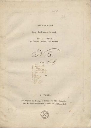 Ouverture. Pour Instrumens à vent. Par L. Jadin. Titelblatt.