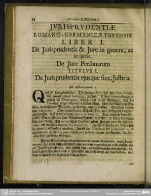 Liber I. De Iurisprudentia & Iure in genere, ae in specie. De Iure Personarum